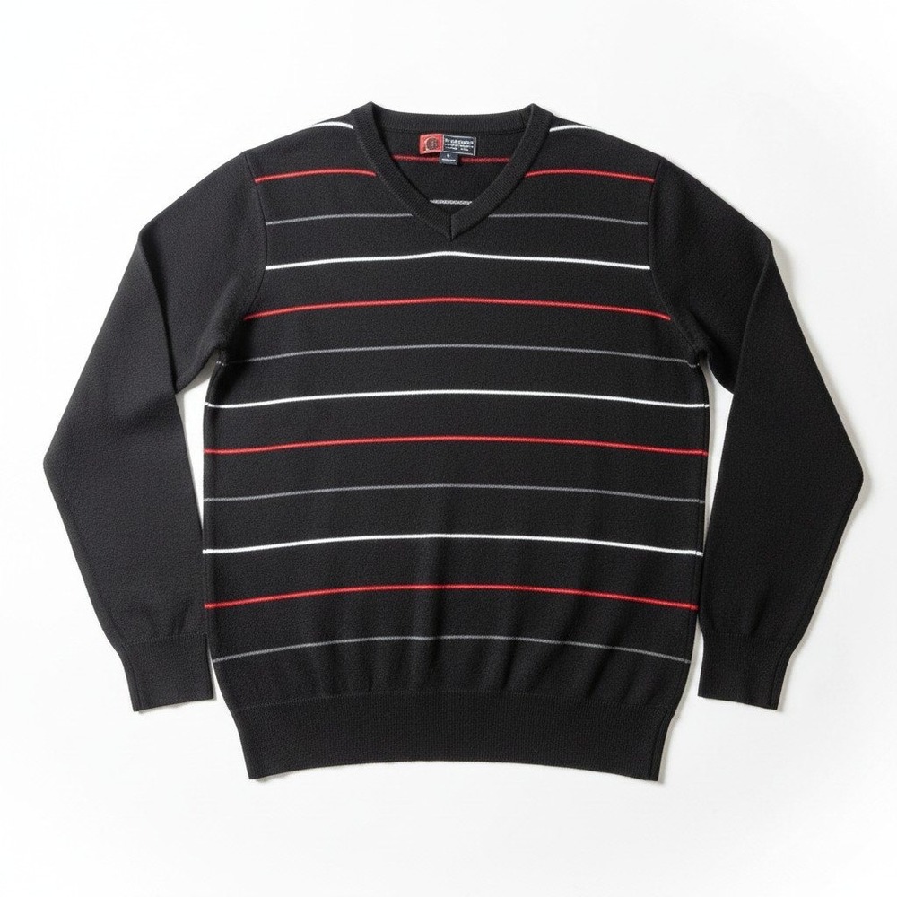VTG Cambridge Classics V-Neck Sweater Large Black Red White Striped Pullover Men